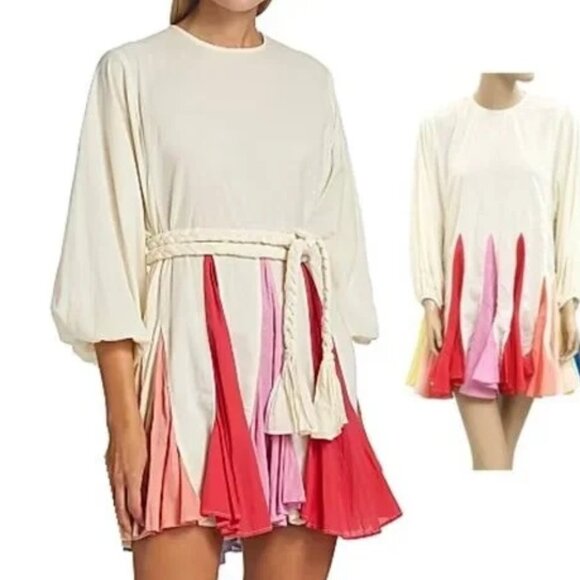 NEW $445 RHODE WHITE ELLA FLOWY COTTON MINI DRESS W/PINK & RED BLOCK HEM SIZE S - Picture 2 of 10